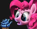  absurd_res black_background blue_eyes cupcake english_text equine female feral friendship_is_magic fur gem hair here-for-the-ponies hi_res horse mammal my_little_pony open_mouth pink_fur pink_hair pinkie_pie_(mlp) plain_background pony sapphire shadow solo teeth text tongue 