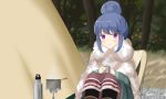  blue_hair drink miicha purple_eyes shima_rin tree waifu2x watermark yuru_camp 