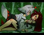  all_fours animal_ears bamboo bare_shoulders blush breasts cleavage commentary fang heart heikouidou_(seraeno) imaizumi_kagerou inubashiri_momiji long_hair lying medium_breasts multiple_girls open_mouth red_eyes red_hair short_hair silver_hair skirt tail touhou wolf_ears wolf_tail you_gonna_get_raped yuri 