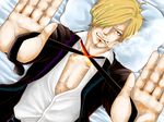  1boy blonde_hair formal hair_over_one_eye lying male male_focus necktie noenga on_back one_piece open_clothes open_shirt sanji shirt solo suit x_(symbol) 