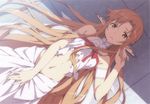  absurdres asuna_(sao) bare_shoulders brown_eyes brown_hair crop_top dress ear_covers elf highres kanzaki_hiro long_hair looking_at_viewer lying midriff navel on_back open_mouth parted_lips pointy_ears ribbon scan solo sword_art_online titania_(sao) very_long_hair 