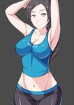  armpits arms_up black_background breasts cleavage clothes_writing grey_hair groin hai_ookami impossible_clothes large_breasts long_hair midriff navel pale_skin ponytail purple_eyes simple_background smile solo spandex tank_top wide_hips wii_fit wii_fit_trainer 