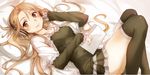  abec asuna_(sao) bad_id bad_yandere_id bed_sheet black_legwear blouse brown_eyes brown_hair from_above hand_on_own_chest hand_up headphones highres knees_up legs long_legs looking_at_viewer looking_up lying on_back sword_art_online thighhighs 