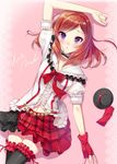  black_legwear blush bokura_wa_ima_no_naka_de fingerless_gloves frilled_skirt frills gloves hat hat_removed headwear_removed love_live! love_live!_school_idol_project lying mini_hat mini_top_hat mogami_noa navel nishikino_maki on_back open_mouth otonokizaka_school_uniform purple_eyes red_hair school_uniform short_hair skirt solo thighhighs top_hat 