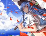  blue_hair blue_sky bottomless cloud day flower food fruit hair_flower hair_ornament hat hinanawi_tenshi island long_hair looking_at_viewer looking_back neropaso parasol peach petals red_eyes shirt short_sleeves sky smile solo touhou umbrella water 