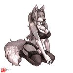  blush bra breasts bwd canine chest_tuft female fox fur kneeling legwear looking_at_viewer mammal solo stockings tuft underwear 