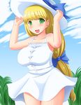  bad_id bad_pixiv_id banned_artist blonde_hair clalaclan_philias dress green_eyes hands_on_headwear hat long_hair shin'en_(gyokuro_company) shining_(series) shining_wind solo sun_hat sundress 