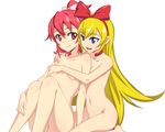  aida_mana blonde_hair blue_eyes bow caryo choker couple dokidoki!_precure flipped_hair hair_bow hairband hug hug_from_behind kneeling long_hair long_legs looking_back multiple_girls nanashino navel nude open_mouth precure red_eyes red_hair regina_(dokidoki!_precure) short_hair simple_background sitting very_long_hair white_background yuri 