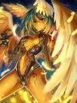  breasts center_opening edobox feathers green_eyes green_hair grin head_wings large_breasts looking_at_viewer navel original smile solo wings 