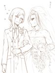  bad_id bad_pixiv_id bare_shoulders bouquet bridal_veil crossdressing dress flower formal garushaa_wolfein husband_and_husband inazuma_eleven_(series) inazuma_eleven_go inazuma_eleven_go_chrono_stone jewelry long_hair male_focus monochrome multiple_boys muscle necklace necktie simple_background suit vanfeny_vamp veil wedding_dress white_background yaoi zuwai_kani 