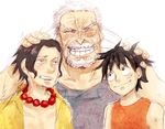  3boys beard brothers east_blue facial_hair family freckles grandchild grandfather jewelry male male_focus monkey_d_garp monkey_d_luffy multiple_boys n_boru necklace one_piece portgas_d_ace rie rie_(artist) scar siblings smile trio 