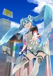  akihiko bad_id bad_pixiv_id blue_eyes blue_hair cloud day hair_wings hatsune_miku kagamine_len kagamine_rin kaito long_hair megurine_luka necktie skirt sky solo thighhighs twintails very_long_hair vocaloid 