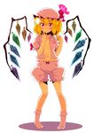  bad_id bad_pixiv_id blonde_hair bloomers blush bobby_socks flandre_scarlet hand_to_own_mouth hat hat_ribbon highres navel open_clothes open_shirt pigeon-toed red_eyes ribbon shirt short_hair side_ponytail simple_background socks solo sw touhou underwear white_background wings 