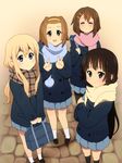  ^_^ akiyama_mio bag black_hair blonde_hair brown_hair closed_eyes dav-19 headband hirasawa_yui jacket k-on! kotobuki_tsumugi long_hair multiple_girls pantyhose scarf school_bag school_uniform short_hair skirt standing tainaka_ritsu v 