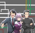  1girl 2boys ;) absurdres arm_around_waist black_hair black_shirt blazer character_name crossed_arms crossover denkou_choujin_gridman dheejay91 glasses grey_background highres hood hoodie jacket lavender_hair malcolm_frink multiple_boys one_eye_closed red_neckwear shinjou_akane shirt signature smile ssss.gridman superhuman_samurai_syber-squad toudou_takeshi turtleneck 