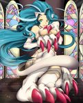  1girl animal_ears blue_hair breasts capcom cat_ears cat_paws cat_tail felicia large_breasts paws solo stained_glass tail vampire_(game) 