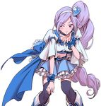  aono_miki bent_over blue_choker blue_skirt blush boots choker cure_berry fresh_precure! hair_ornament hairband hand_on_own_knee heart heart_hair_ornament isedaichi_ken knee_boots long_hair midriff navel one_eye_closed precure purple_eyes purple_hair side_ponytail skirt solo standing thighhighs transparent_background v zettai_ryouiki 