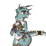  argonian armor belt bracer breasts chochi choker clothed clothing dinosaur_pose feathers female fiery_eyes furgonomics horn jewels kobold looking_at_viewer non-mammal_breasts nostrils pauldron plain_background red_eyes scalie skimpy solo the_elder_scrolls thighs underwear video_games white_background wide_hips 