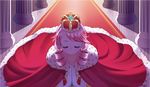  1girl cape column crown dress drill_hair earrings elbow_gloves elodie eyes_closed gloves izumi_k_rukawa jewelry kneeling lipstick long_live_the_queen makeup pillar pink_hair praying princess queen smile tapestry twin_drills white_gloves 