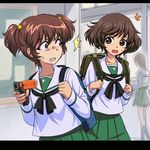  2girls akiyama_yukari alisa_(girls_und_panzer) alternate_costume backpack bag brown_eyes brown_hair camcorder commentary freckles girls_und_panzer green_skirt grimace hair_ornament miniskirt multiple_girls neckerchief ooarai_school_uniform open_mouth pleated_skirt school_uniform serafuku shinmai_(kyata) short_hair short_twintails skirt standing surprised sweatdrop twintails 