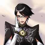  adjusting_eyewear alternate_hair_length alternate_hairstyle amulet artist_name bayonetta bayonetta_(character) bayonetta_2 black_hair darika_wora-apinyaporn earrings elbow_gloves eyeshadow glasses gloves hand_on_own_face jewelry lipstick makeup mole mole_under_mouth short_hair solo white_gloves 