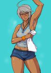  1girl ahoge arm_up armpit_hair armpits artist_request dark_skin grey_hair jewelry looking_at_viewer mikoyan navel necklace red_eyes see-through shiny short_shorts shorts smell solo standing steam sweat sweat_stain towel uchuu_senkan_yamato uchuu_senkan_yamato_2199 yamamoto_akira 
