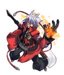  belt black_pants blazblue boots gloves green_eyes hakama heterochromia jacket japanese_clothes male_focus nagy pants ragna_the_bloodedge red_eyes silver_hair solo sword weapon 