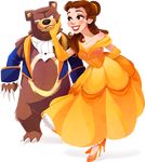  bare_shoulders beast_(disney) beast_(disney)_(cosplay) beauty_and_the_beast belle_(disney) blush brown_hair collarbone cosplay disney dress elbow_gloves gen_2_pokemon gloves hand_on_another's_cheek hand_on_another's_face high_heels highres kuitsuku long_hair parody pokemon pokemon_(creature) ponytail scarf shadow shoes smile transparent_background ursaring 