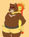  anthro bear chubby cute duo feline fur grizzly_bear hug juuichi_mikazuki lion male mammal morenatsu overweight piggyback soutaro topless zangusuu 
