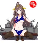  ahoge australian_flag australian_flag_bikini bikini bikini_lift boots braid breasts brown_eyes brown_hair brown_legwear clearite flag_print headgear kantai_collection kongou_(kantai_collection) large_breasts long_hair navel print_bikini smile solo squatting swimsuit thigh_boots thighhighs underboob 