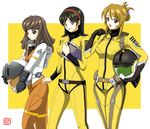  ahoge bad_id bad_pixiv_id black_eyes black_hair blonde_hair bodysuit brown_eyes brown_hair geitassha helmet long_hair military military_uniform misaki_yuria mori_yuki multiple_girls pilot_suit saijou_miki science_fiction spacesuit uchuu_senkan_yamato uchuu_senkan_yamato_2199 uniform yellow_bodysuit 