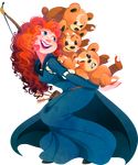  arrow belt blue_eyes bow_(weapon) brave_(pixar) cape carrying crossover curly_hair freckles full_body gen_2_pokemon kuitsuku long_hair merida_(brave) open_mouth pokemon pokemon_(creature) red_hair teddiursa teeth transparent_background weapon 