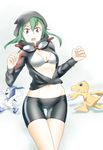  agumon bike_shorts bikini_top breasts digimon digimon_world_re:digitize goggles goggles_around_neck green_hair hood hoodie jack_frost long_hair medium_breasts midriff navel open_clothes open_hoodie shin_megami_tensei shinomiya_rina sig_(sfried) solo_focus thigh_gap underboob 