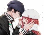  1girl bad_id bad_pixiv_id ban_airi beanie black_hair couple crying devil_survivor_2 grey_eyes hand_on_another's_face hat jacket long_hair megami_ibunroku_devil_survivor open_mouth popped_collar red_hair scarf school_uniform serafuku sidelocks simple_background torii_jungo white_background 