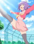  1girl hayate_no_gotoku! highres kick kicking looking_back open_mouth panties purple_hair red_eyes school_uniform screencap segawa_izumi smile soccer socks solo twintails underwear 