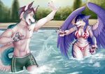  artik_ninetails bikini blue_fur blue_hair breasts canine clothing female fox fur hair male mammal markings multi-colored_hair navel open_mouth paw_pad pawpads smile splashing spookable swimming_trunks swimsuit tala_(suntattoowolf) tight_clothing water white_fur wings wolf yellow_eyes 