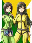  2girls black_hair bodysuit brown_eyes character_request fujii_satoshi hairband hand_on_another's_shoulder long_hair looking_at_viewer multiple_girls ooshima_natsuki saijou_miki skin_tight smile standing uchuu_senkan_yamato uchuu_senkan_yamato_2199 uniform wink 