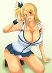  1girl blonde_hair blush breasts cleavage fairy_tail huge_breasts kneeling large_breasts lucy_heartfilia momo_765 panties pink_panties pose posing rirakukan simple_background smile solo underwear 