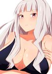  bare_shoulders blush breasts cleavage collarbone highres idolmaster idolmaster_(classic) large_breasts long_hair pink_eyes shijou_takane silver_hair solo white_background yukaiyan 