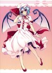  absurdres adjusting_hair bat_wings blue_hair blush dress hat head_tilt high_heels highres motomiya_mitsuki no_socks purple_eyes remilia_scarlet scan shoes solo touhou wings 