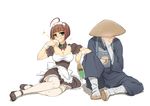  1boy 1girl :q ahoge ajirogasa alcohol blush bob_cut bottle breasts brown_hair cleavage drinking drunk frills glass green_eyes harada_makoto hat kato_saburo katou_saburou maid maid_headdress monk robe sake sitting thighhighs tongue tongue_out uchuu_senkan_yamato uchuu_senkan_yamato_2199 white_legwear wrist_cuffs 