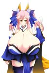  1girl akira_agata animal_ears areola_slip areolae blue_legwear breasts caster_(fate/extra) cleavage fate/extra fate_(series) fate_extra gigantic_breasts pink_hair skindentation solo twintails yellow_eyes 
