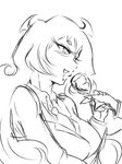  blush breasts cup drinking_glass drooling eyelashes greyscale highres holding_hands horns large_breasts long_hair monochrome nabe_(ingenmame) necktie out_of_frame panty_&amp;_stocking_with_garterbelt scanty_(psg) sketch solo_focus wine_glass 