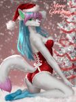  anthro breasts butt canine christmas christmas_tree clothed clothing ear_piercing etskuni female fur hair hat holidays kneeling looking_at_viewer mammal piercing santa_hat snow solo tree 