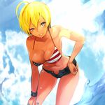  american_flag_bikini bare_shoulders bikini bikini_top blonde_hair breasts cleavage denim denim_shorts flag_print hand_on_hip hand_on_own_knee large_breasts leaning_forward mito_ikumi navel open_fly perspective purple_eyes settyaro shokugeki_no_souma short_hair short_shorts shorts solo swimsuit uneven_eyes unzipped water wristband 