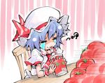  ascot blue_hair chair closed_eyes crying dress drinking hat hat_ribbon puffy_sleeves remilia_scarlet ribbon shinapuu short_sleeves sitting solo streaming_tears table tears tomato tomato_juice touhou white_dress wrist_cuffs 
