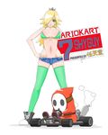  1girl bikini_top blonde_hair breasts car character_name copyright_name crown denim denim_shorts go-kart green_eyes green_legwear hair_over_one_eye hand_on_hip large_breasts long_hair lowleg mario_(series) mario_kart mario_kart_7 motor_vehicle navel nintendo rosalina_(mario) rosetta_(mario) shoes short_shorts shorts shy_guy simple_background sneakers super_mario_bros. super_mario_galaxy thighhighs vehicle 