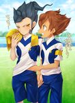  bad_id bad_pixiv_id blue_hair brown_hair earth_eleven highres holding_hands inazuma_eleven_(series) inazuma_eleven_go inazuma_eleven_go_galaxy male_focus matsukaze_tenma multiple_boys open_mouth soccer_uniform sportswear sweat tsurugi_kyousuke yamaki_suzume yaoi yellow_eyes 