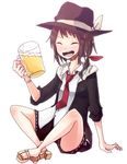  ^_^ alcohol beer beer_mug brown_hair closed_eyes cup dress_shirt hat holding holding_cup jacket necktie open_mouth sandals shiroshi_(denpa_eshidan) shirt short_hair shorts sitting smile solo touhou usami_renko 