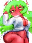  blush bottomless breasts cleavage demon_girl green_eyes green_hair half-closed_eyes highres large_breasts long_hair multicolored multicolored_eyes nabe_(ingenmame) naked_shirt panty_&amp;_stocking_with_garterbelt plump red_skin scanty_(psg) shirt solo sweat unbuttoned yellow_eyes 